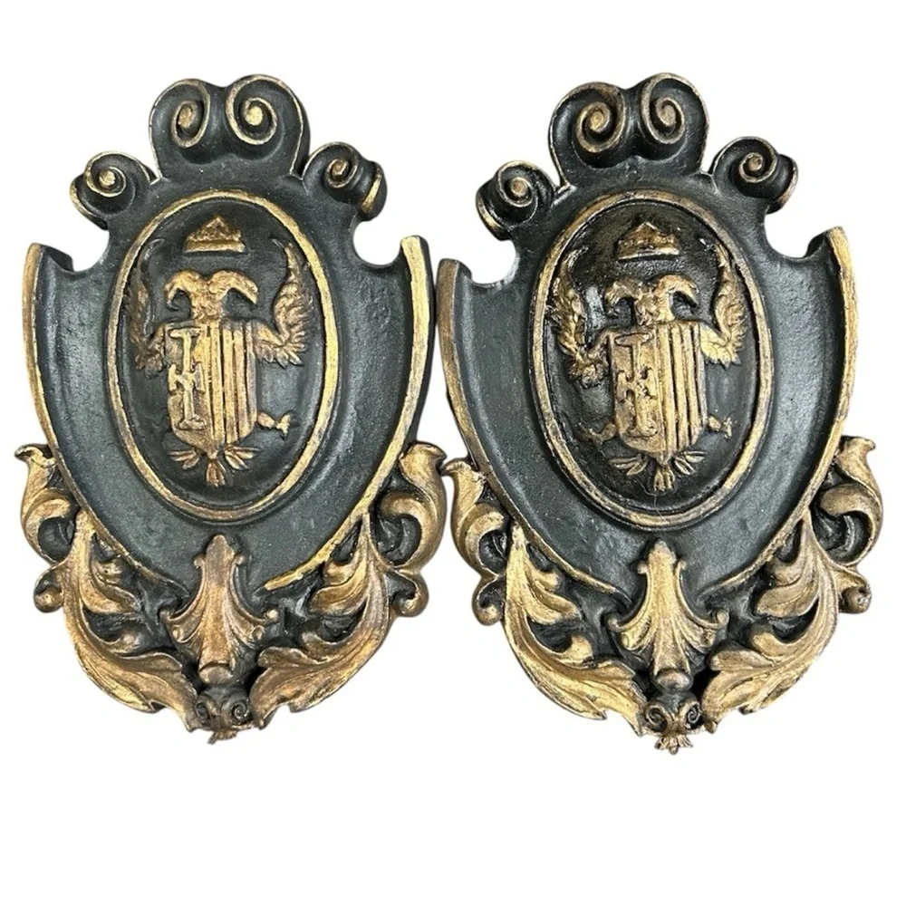 Pair Heraldic Wall Plaques Crown Shield Resin Composite Gothic Style Vintage